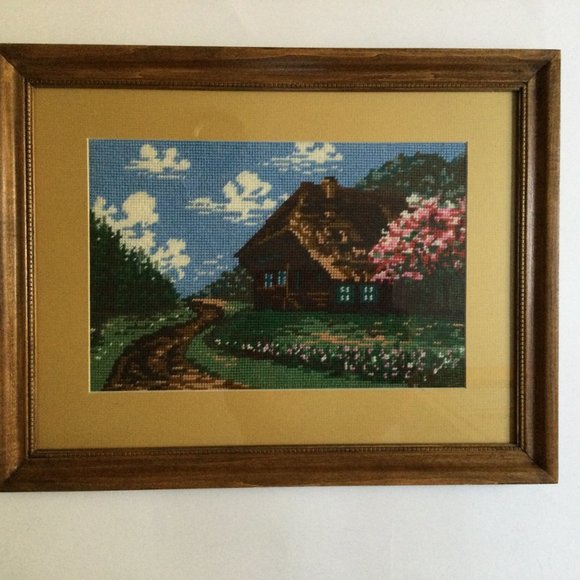 Embroidery needlework yarn art picture landscape house flower framed 46cm x 36cm - Picture 2 of 3